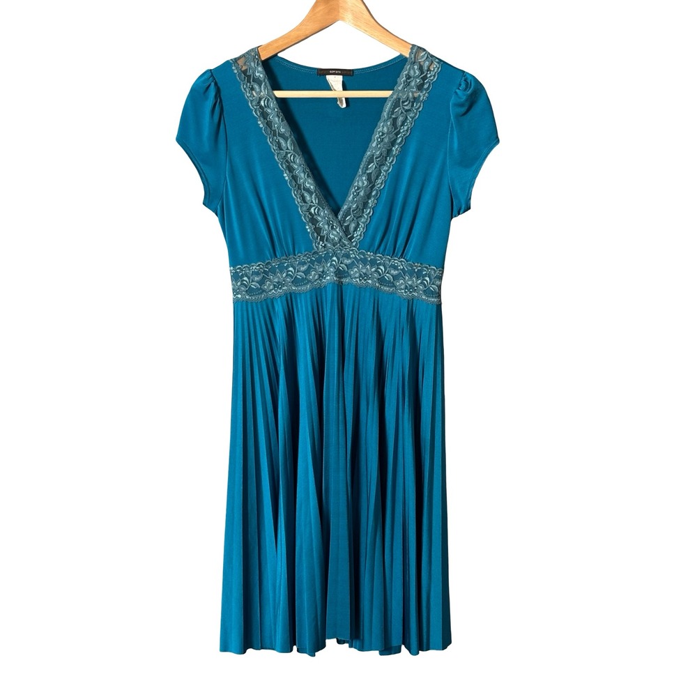 Soprano Teal Lace Trim Pleated Empire Waist Dress Size M Blue Polyester Spandex